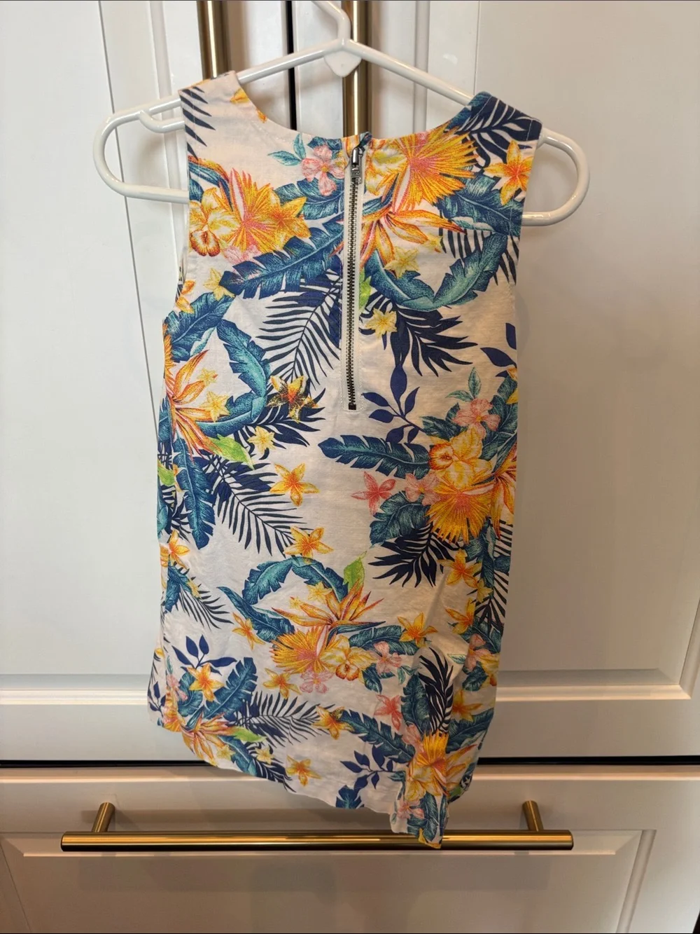 GAP White Sleeveless Linen Dress with Blue & Yellow Floral Print